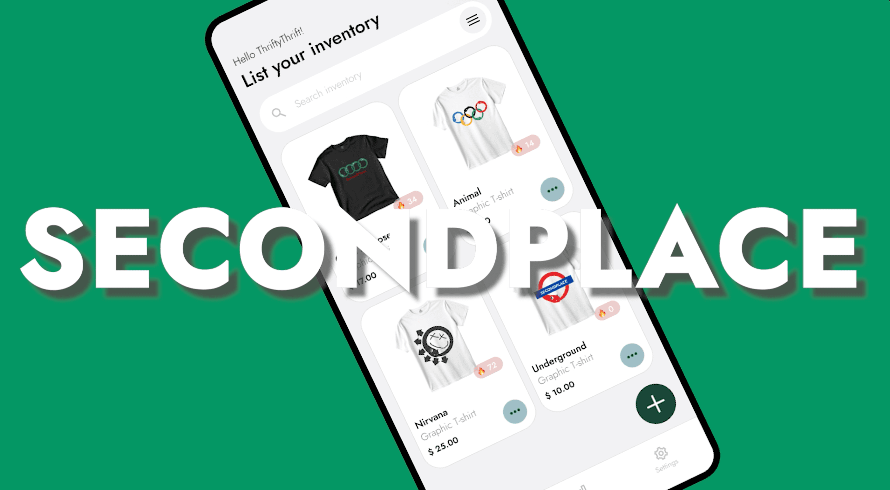 SecondPlace inventory app on a phone against a green background